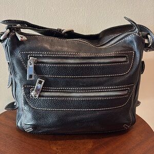 Marc Jacobs  shoulder bag  pebbled leather black  Taupe stitching Great hardware